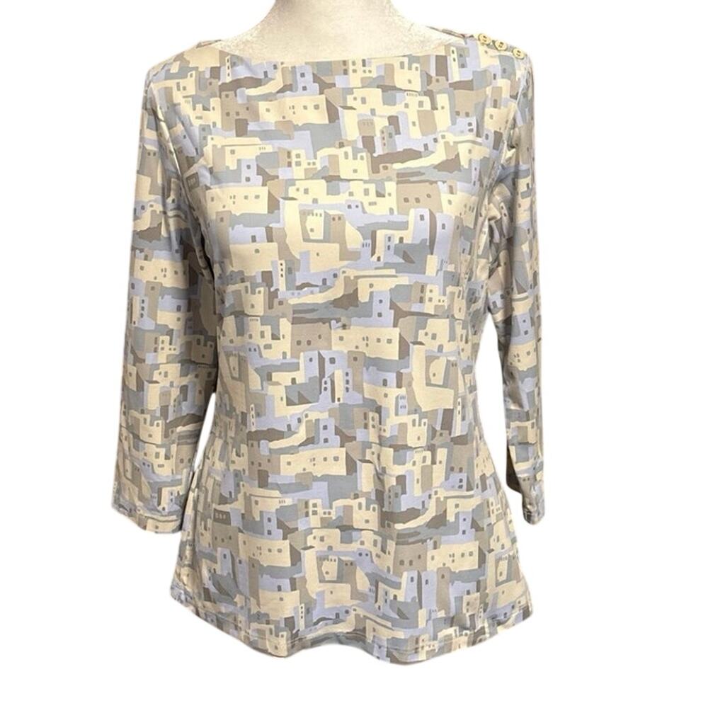 J McLaughlin Size S Wavesong Top Shirt Catalina Cloth Building Motif Print